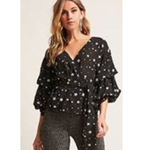 Black Bell Sleeve Silver Star Wrap Blouse